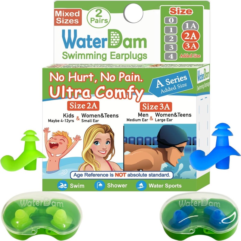 WaterDam A-Series Swimming Ear Plugs Ultra Comfy Great Waterproof Earplugs (Mixed Sizes, Size 2A+3A: Medium-Large Ear Women&Teens & Small-Medium Ear Men (Green Blue)) - Image 1